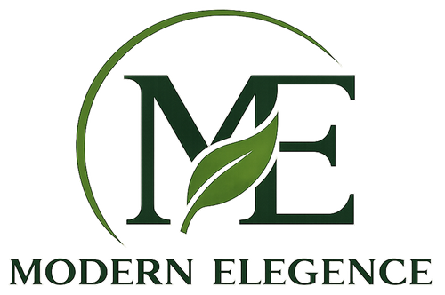 A clean logo graphic for Modern Elegence Supplements, featuring a dark green serif 'ME' with a leaf integrated into the design, a thin green arch above, and the text 'MODERN ELEGENCE' and 'SUPPLEMENTS FOR A BETTER YOU' on a plain white background.